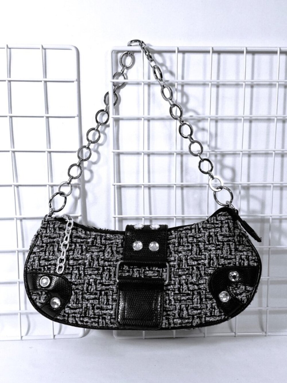 Studded Tweed Satchel Bag Crescent Preppy Punk Goth Metal Chain Handle